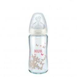 Nuk First Choice + Γυάλινο Μπιμπερό 240ml 0-6m Ροζ Πεταλούδες με Θηλή 1τεμ