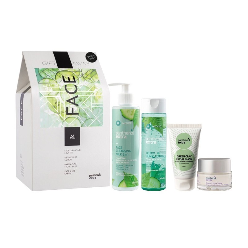 Medisei Panthenol Extra Gift Away Face Cleansing Milk 3in1 250ml, Detox Tonic Lotion 200ml, Green Clay Facial Mask 75ml & Face & Eye Cream 50ml